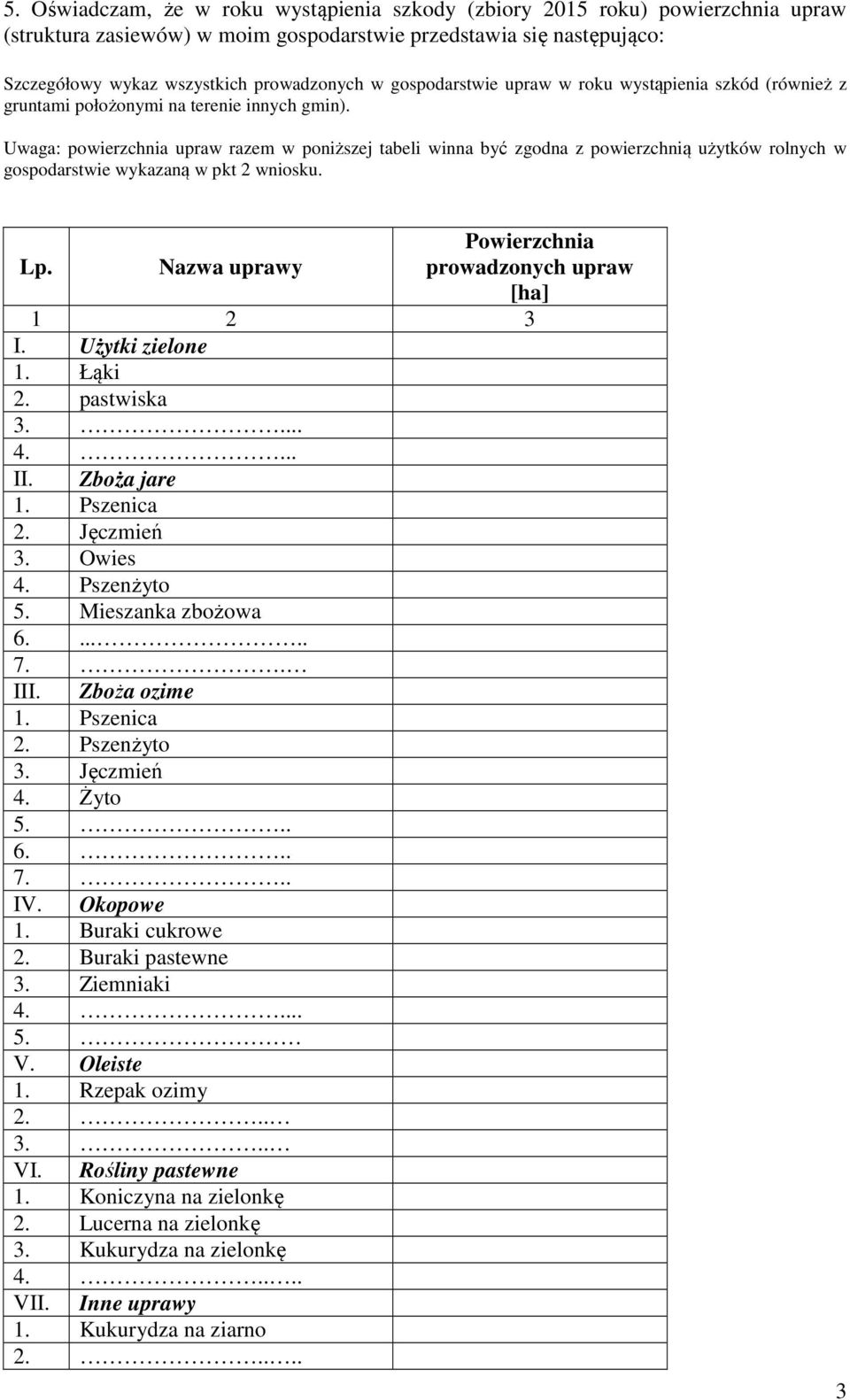 Uwaga: powierzchnia upraw razem w poniższej tabeli winna być zgodna z powierzchnią użytków rolnych w gospodarstwie wykazaną w pkt 2 wniosku. Lp.