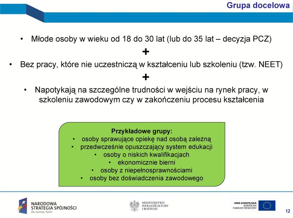 NEET) + Napotykają na szczególne trudności w wejściu na rynek pracy, w szkoleniu zawodowym czy w zakończeniu procesu