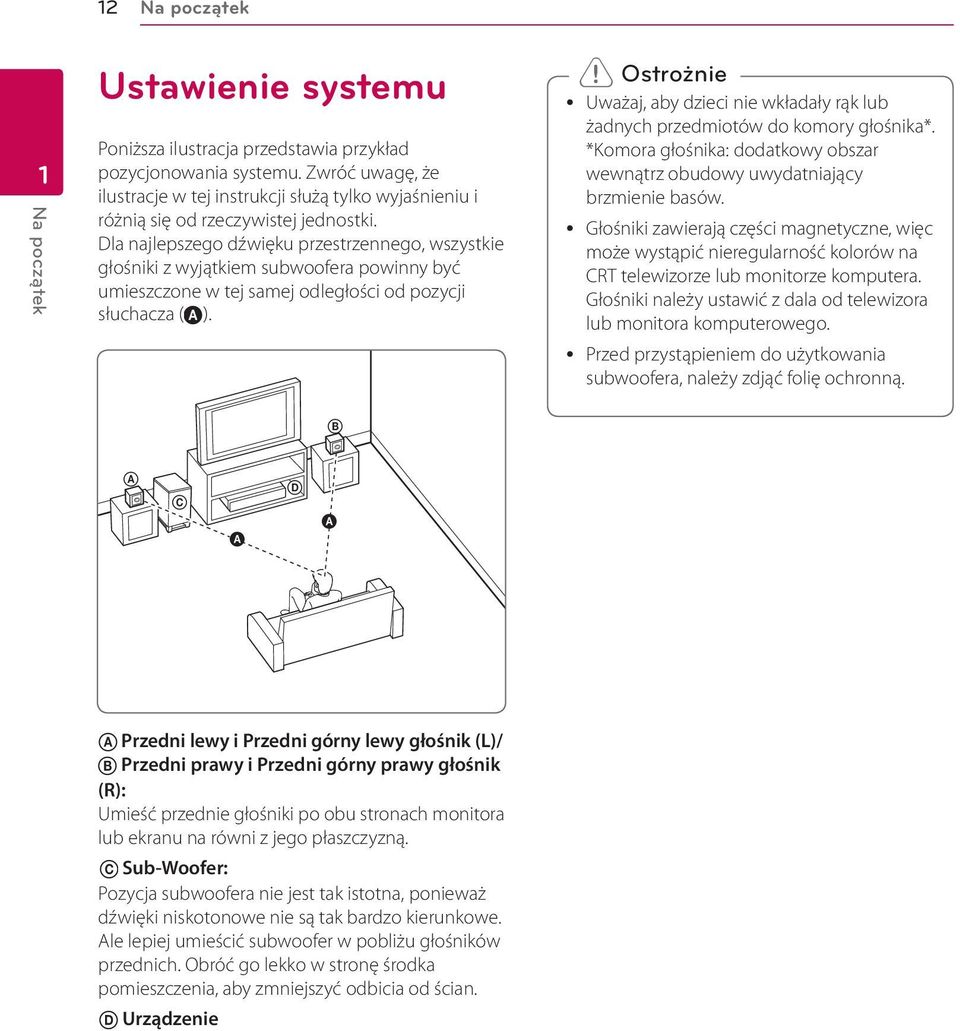 Dla najlepszego dźwięku przestrzennego, wszystkie głośniki z wyjątkiem subwoofera powinny być umieszczone w tej samej odległości od pozycji słuchacza ( A).