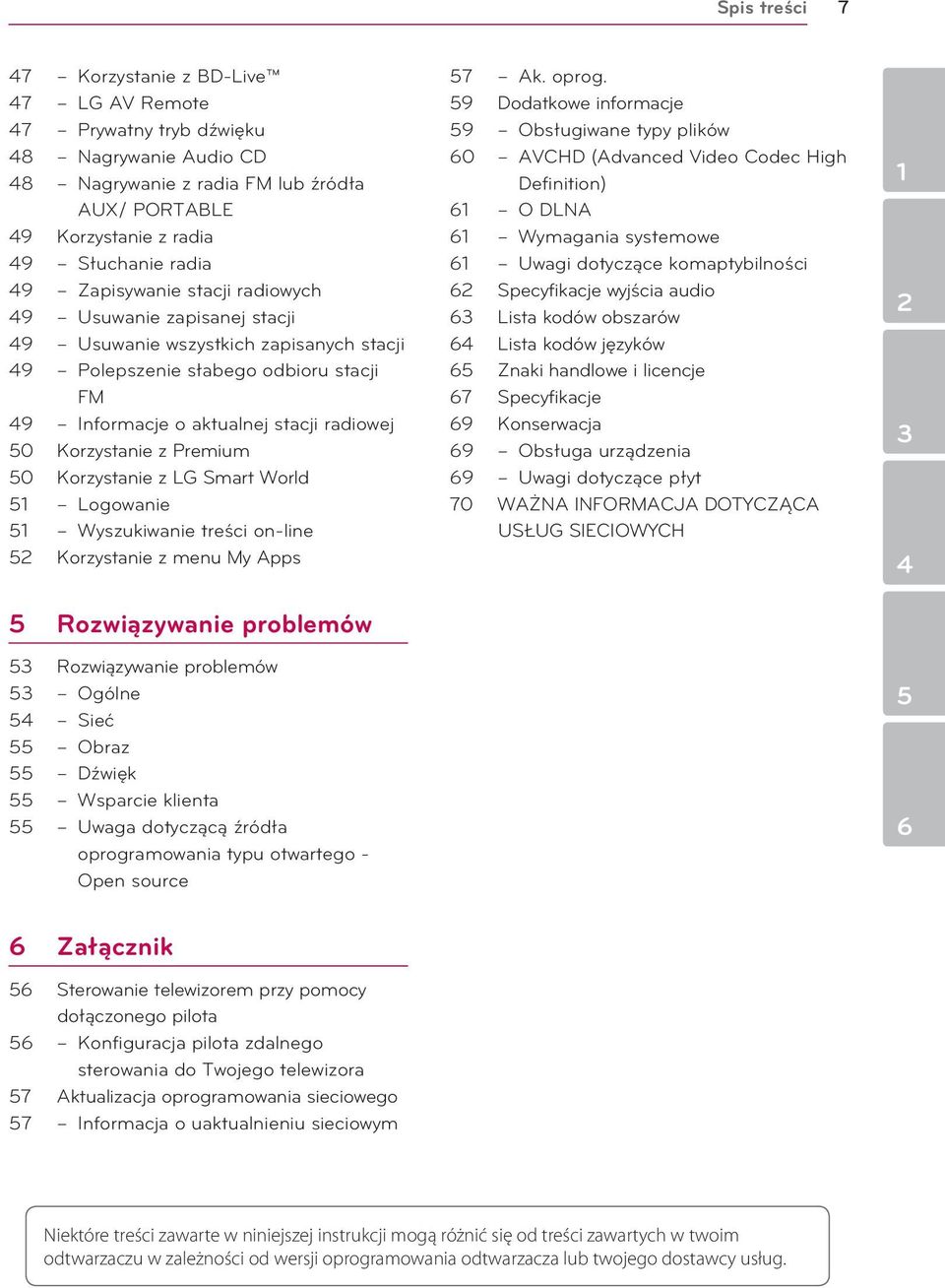 Premium 50 Korzystanie z LG Smart World 51 Logowanie 51 Wyszukiwanie treści on-line 52 Korzystanie z menu My Apps 5 Rozwiązywanie problemów 53 Rozwiązywanie problemów 53 Ogólne 54 Sieć 55 Obraz 55