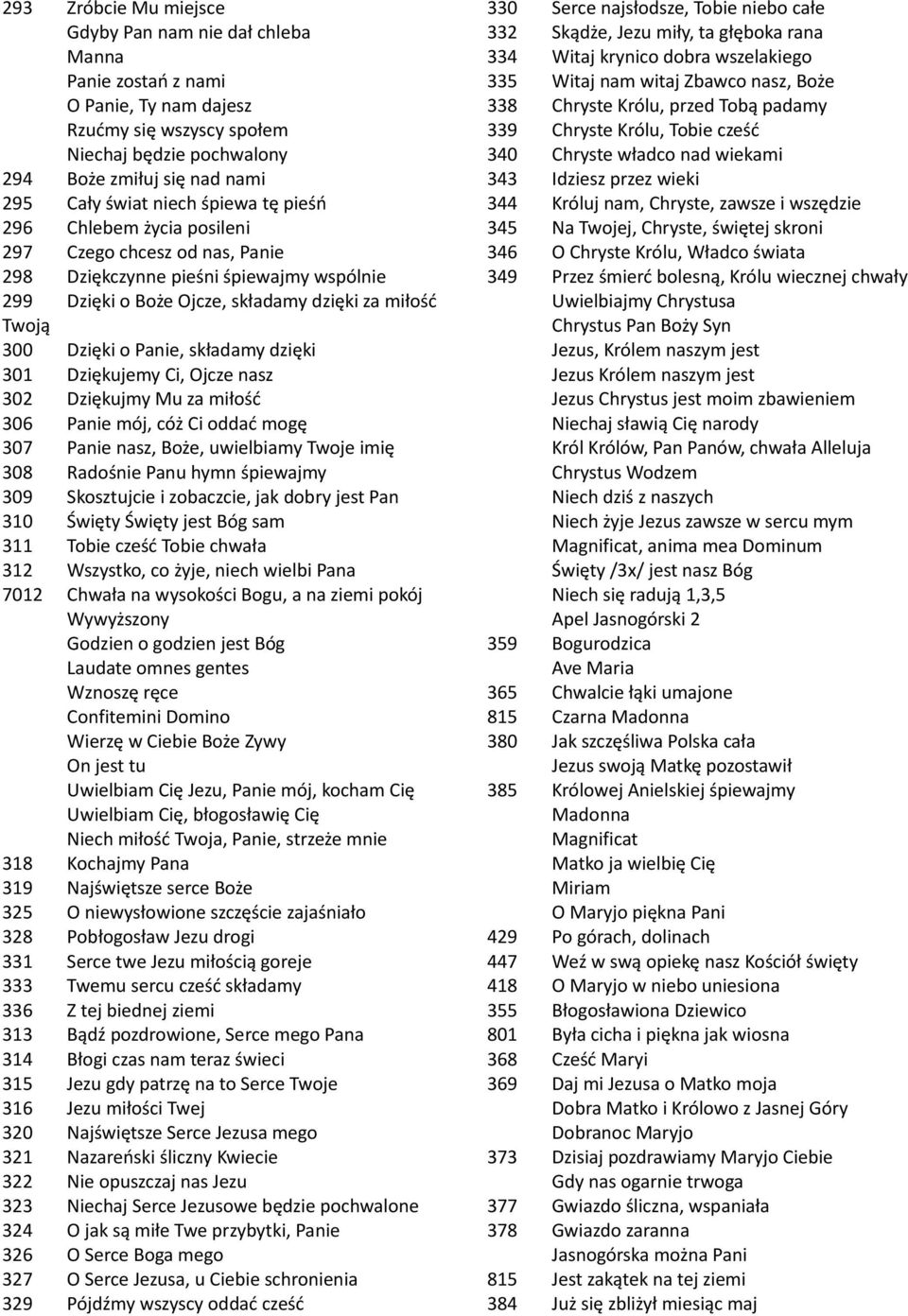 składamy dzięki 301 Dziękujemy Ci, Ojcze nasz 302 Dziękujmy Mu za miłość 306 Panie mój, cóż Ci oddać mogę 307 Panie nasz, Boże, uwielbiamy Twoje imię 308 Radośnie Panu hymn śpiewajmy 309 Skosztujcie