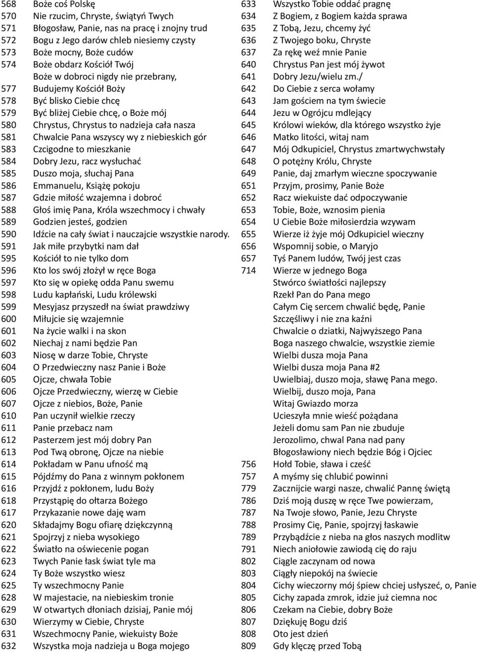 Pana wszyscy wy z niebieskich gór 583 Czcigodne to mieszkanie 584 Dobry Jezu, racz wysłuchać 585 Duszo moja, słuchaj Pana 586 Emmanuelu, Książę pokoju 587 Gdzie miłość wzajemna i dobroć 588 Głoś imię