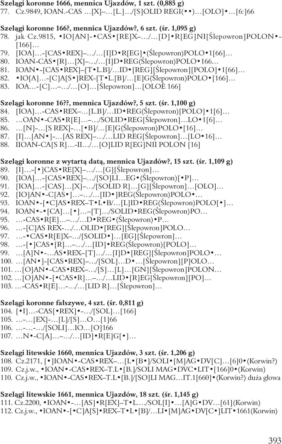 B]/ ID [REG][Ślepowron][POLO] 1[66] 82. IO[A] -[C]A[S ]REX-[T L.[B]/ [E]G(Ślepowron)POLO [166] 83. IOA -[C] / [O] [Ślepowron] [OLOÈ 166] Szelągi koronne 16??, mennica Ujazdów?, 5 szt. (śr.