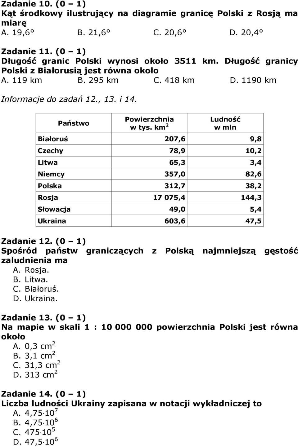 km 2 Ludność w mln Białoruś 207,6 9,8 Czechy 78,9 10,2 Litwa 65,3 3,4 Niemcy 357,0 82,6 Polska 312,7 38,2 Rosja 17 075,4 144,3 Słowacja 49,0 5,4 Ukraina 603,6 47,5 Zadanie 12.