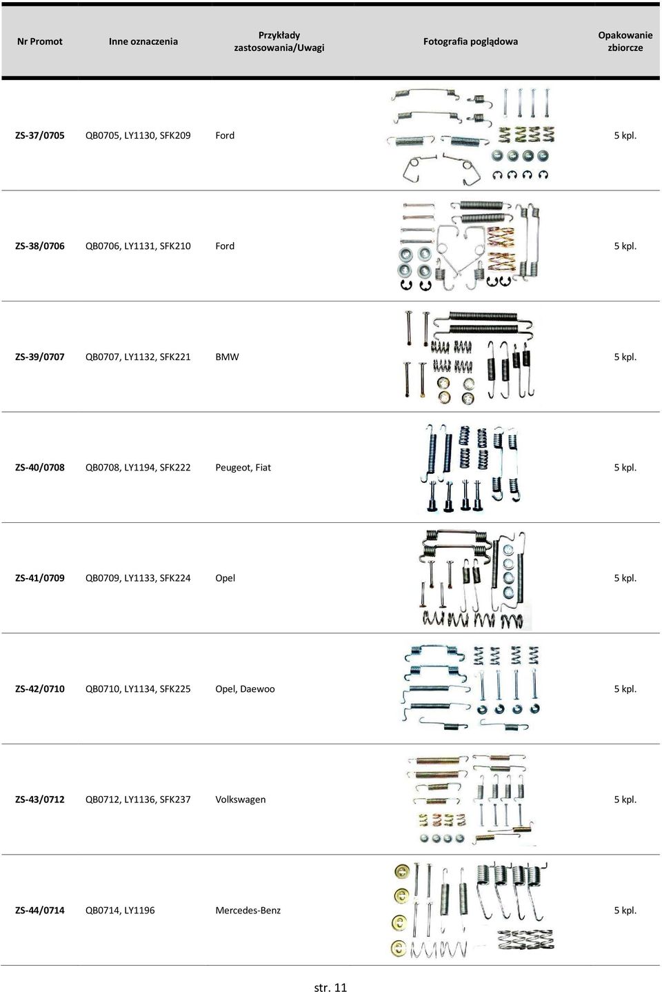 ZS-40/0708 QB0708, LY1194, SFK222 Peugeot, Fiat 5 kpl. ZS-41/0709 QB0709, LY1133, SFK224 Opel 5 kpl.