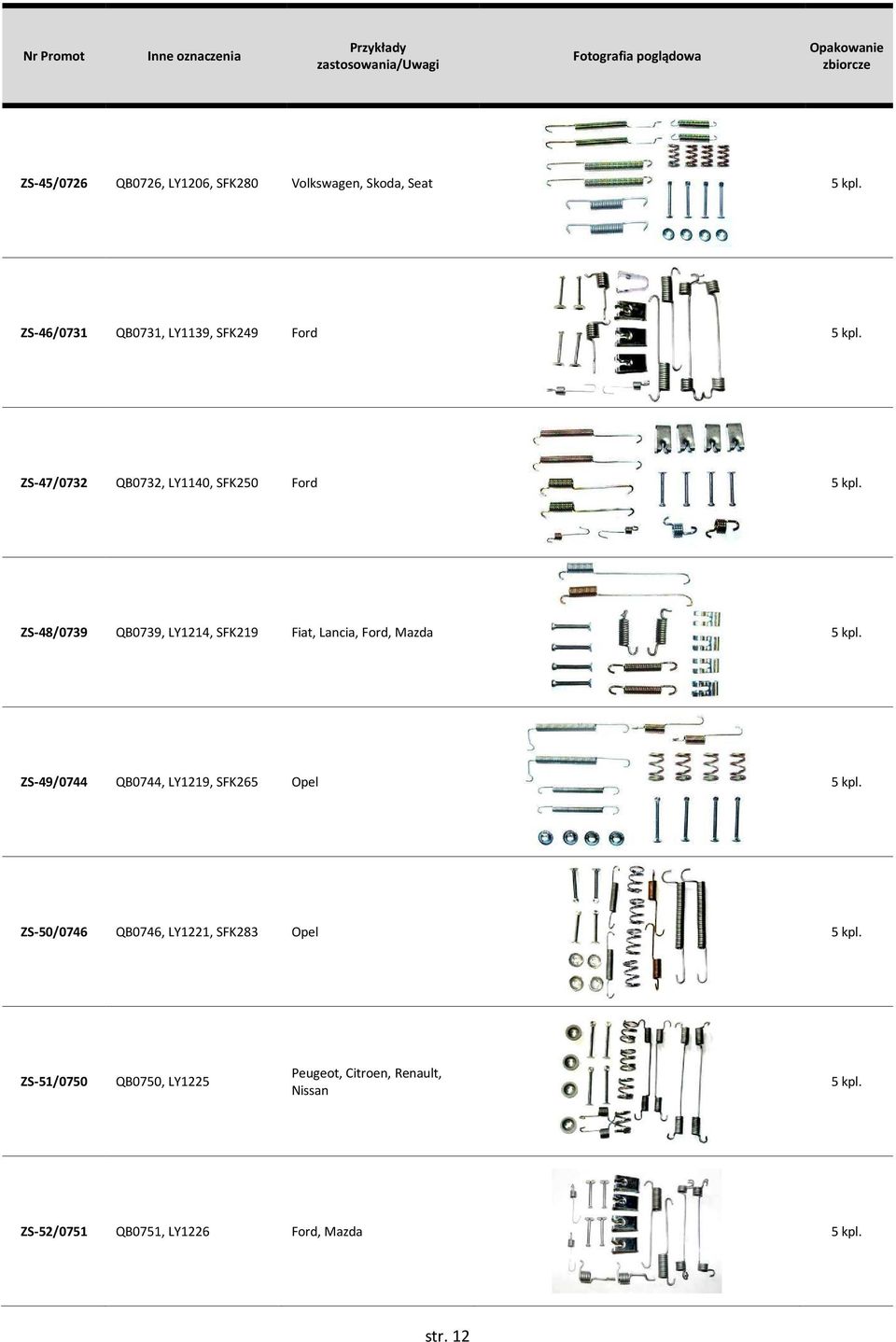 ZS-48/0739 QB0739, LY1214, SFK219 Fiat, Lancia, Ford, Mazda 5 kpl. ZS-49/0744 QB0744, LY1219, SFK265 Opel 5 kpl.