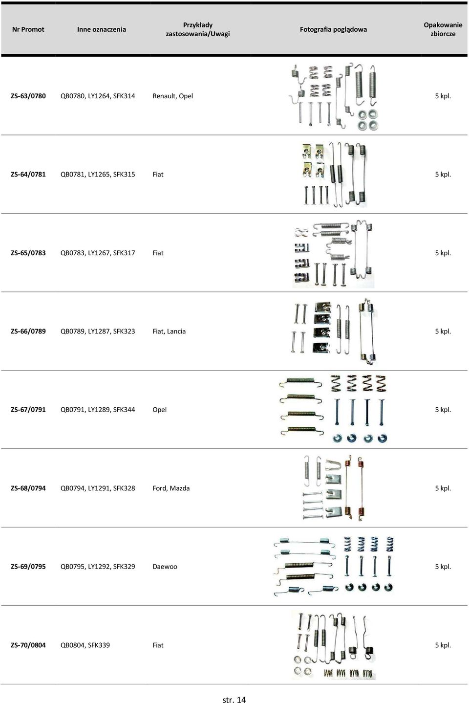 ZS-66/0789 QB0789, LY1287, SFK323 Fiat, Lancia 5 kpl. ZS-67/0791 QB0791, LY1289, SFK344 Opel 5 kpl.