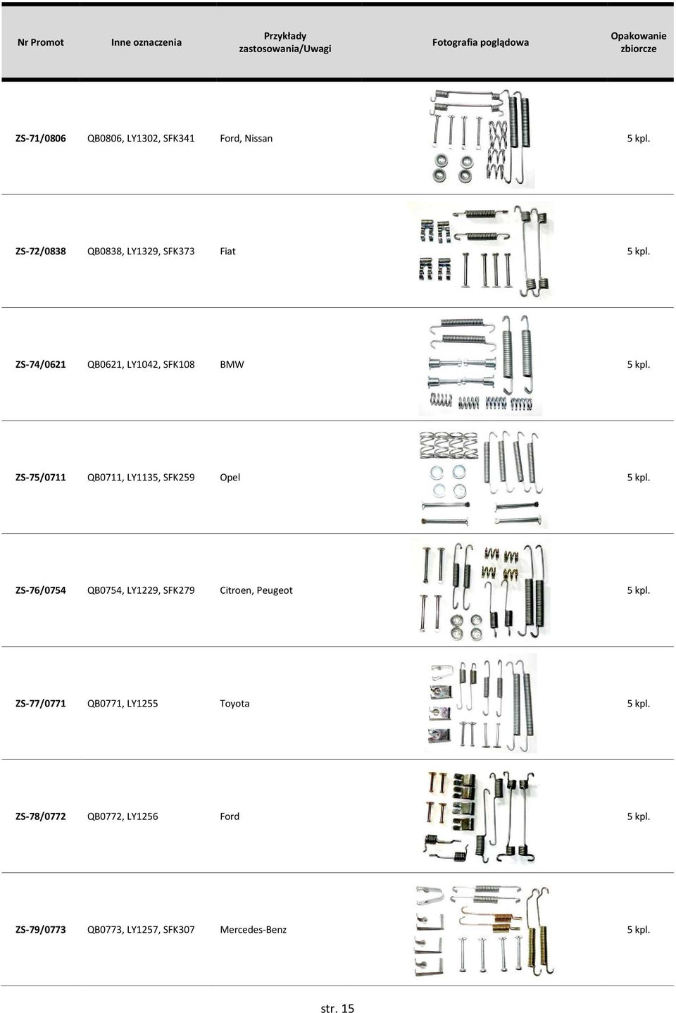 ZS-74/0621 QB0621, LY1042, SFK108 BMW 5 kpl. ZS-75/0711 QB0711, LY1135, SFK259 Opel 5 kpl.