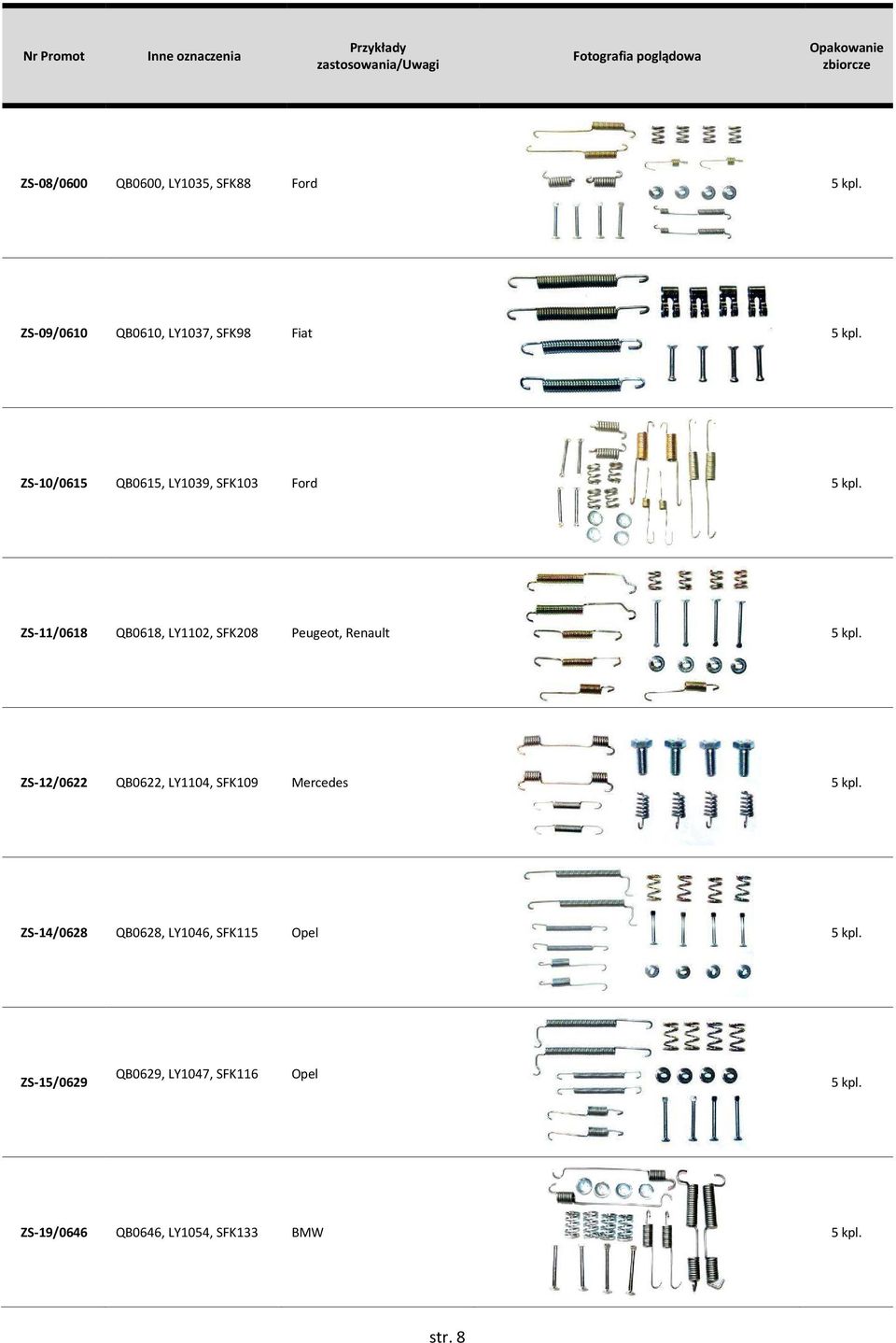 ZS-11/0618 QB0618, LY1102, SFK208 Peugeot, Renault 5 kpl. ZS-12/0622 QB0622, LY1104, SFK109 Mercedes 5 kpl.