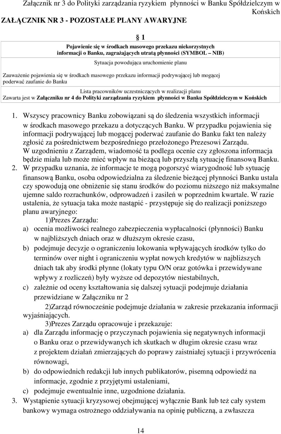 poderwać zaufanie do Banku Lista pracowników uczestniczących w realizacji planu Zawarta jest w Załączniku nr 4 do Polityki zarządzania ryzykiem płynności w Banku Spółdzielczym w Końskich 1.