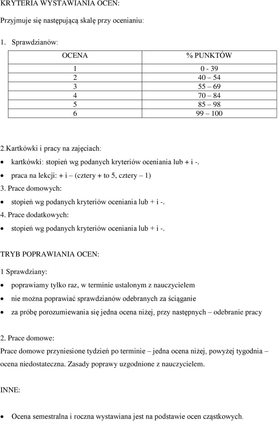 Prace domowych: stopień wg podanych kryteriów oceniania lub + i -. 4. Prace dodatkowych: stopień wg podanych kryteriów oceniania lub + i -.