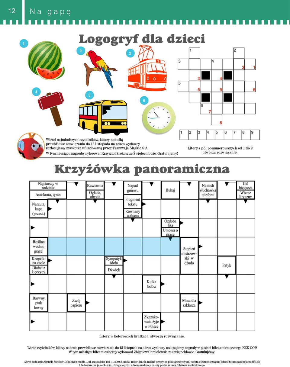 Krzyżówka panoramiczna Litery w kolorowych kratkach utworzą rozwiązanie.