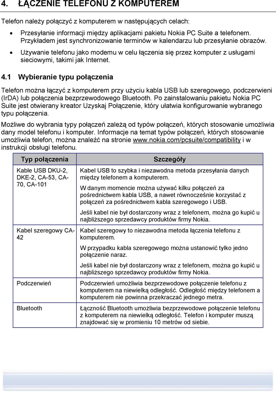 1 Wybieranie typu połączenia Telefon można łączyć z komputerem przy użyciu kabla USB lub szeregowego, podczerwieni (IrDA) lub połączenia bezprzewodowego Bluetooth.