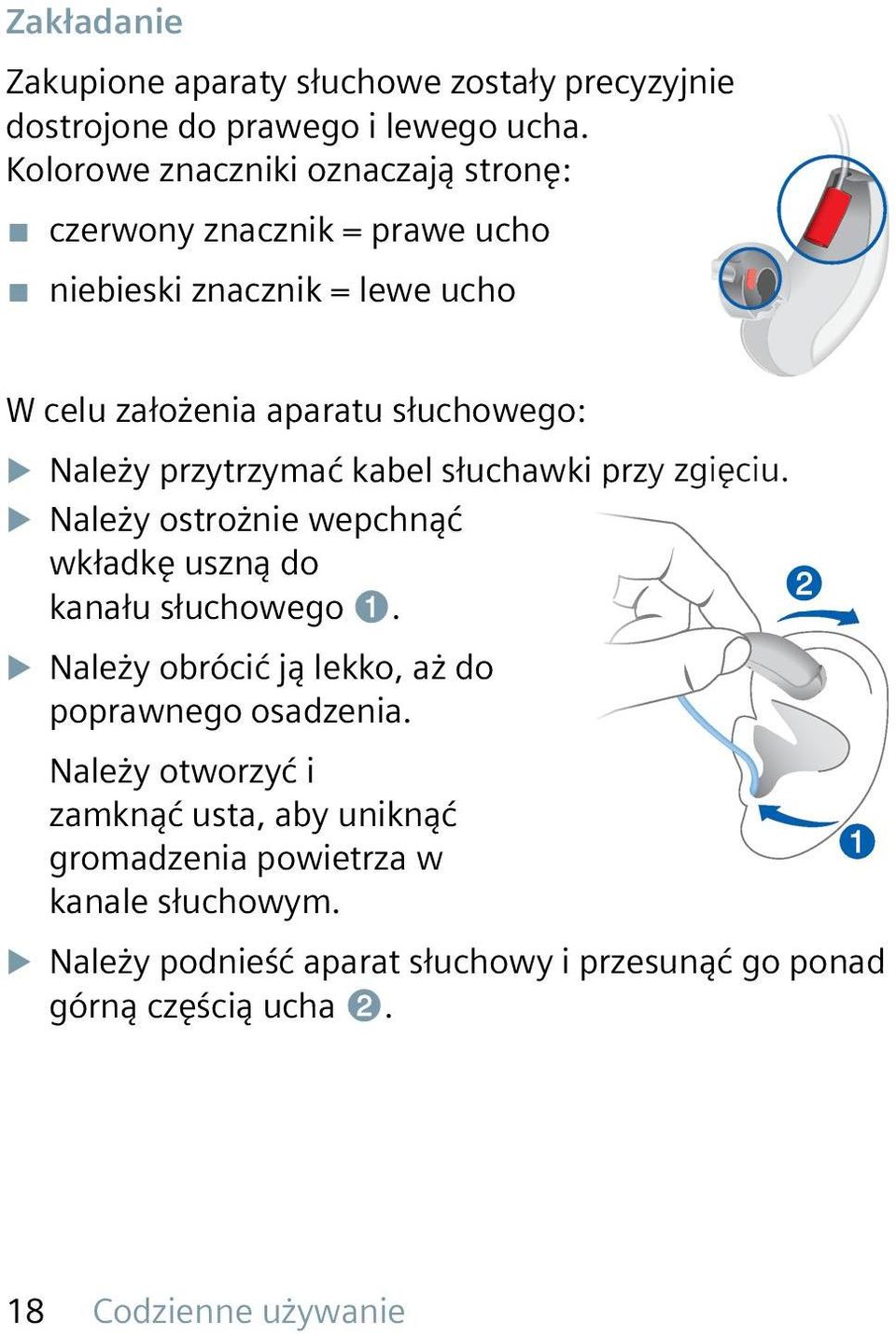 przytrzymać kabel słuchawki przy zgięciu. u Należy ostrożnie wepchnąć wkładkę uszną do kanału słuchowego ➊.