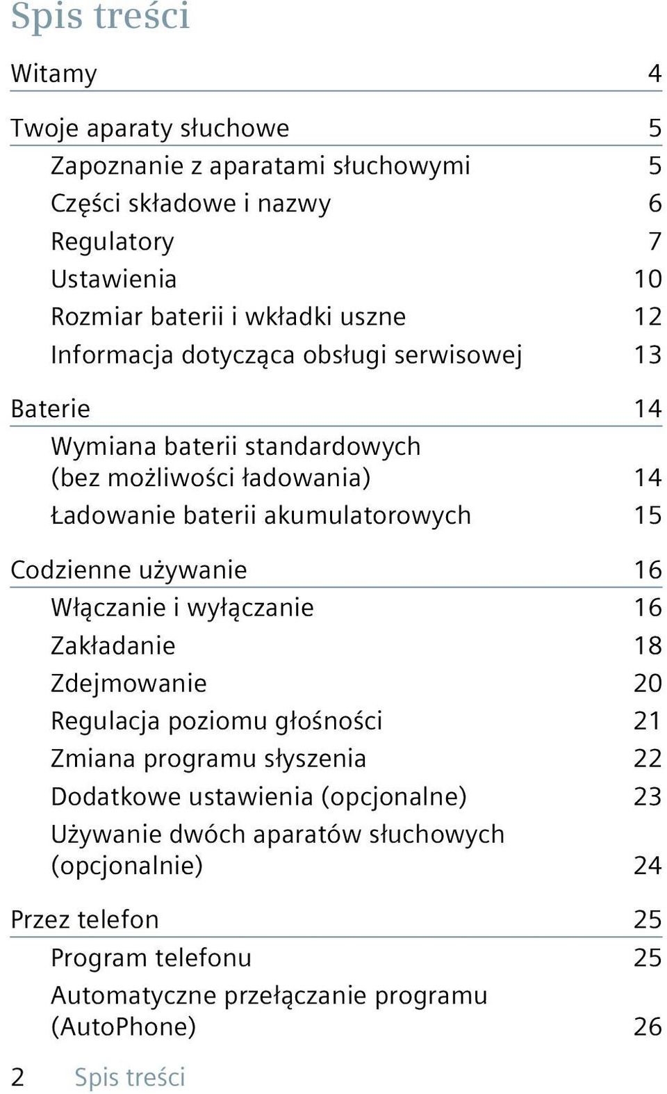 Codzienne używanie 16 Włączanie i wyłączanie 16 Zakładanie 18 Zdejmowanie 20 Regulacja poziomu głośności 21 Zmiana programu słyszenia 22 Dodatkowe ustawienia