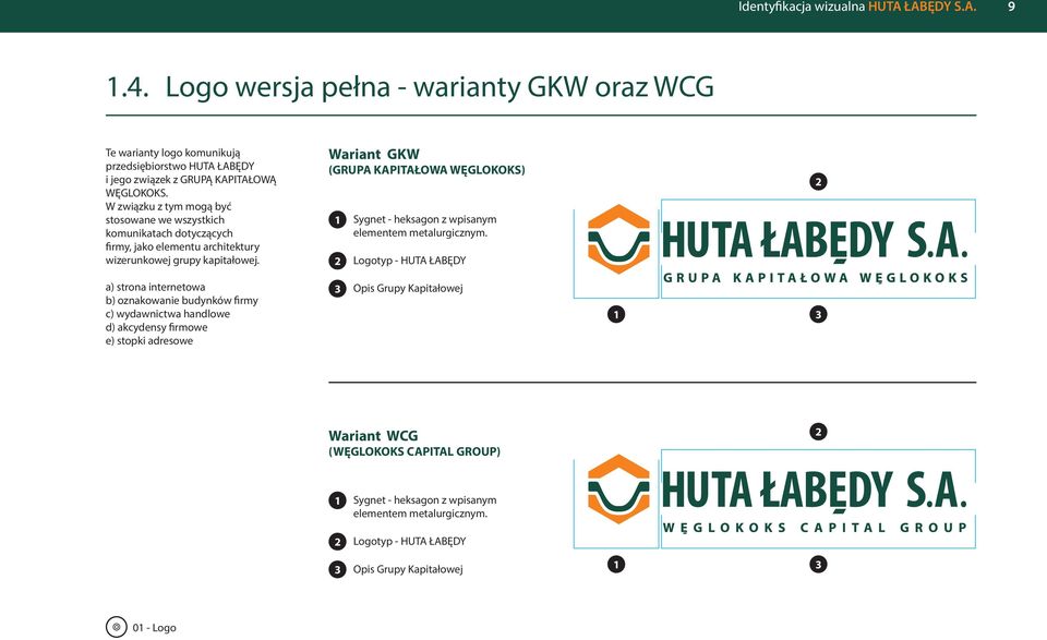 a) strona internetowa b) oznakowanie budynków firmy c) wydawnictwa handlowe d) akcydensy firmowe e) stopki adresowe Wariant GKW (GRUPA KAPITAŁOWA WĘGLOKOKS) 1 Sygnet - heksagon z wpisanym