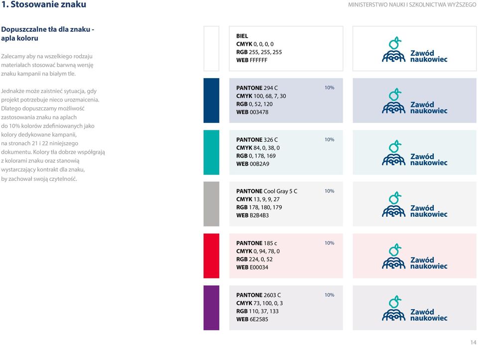Dlatego dopuszczamy możliwość zastosowania znaku na aplach do 10% kolorów zdefiniowanych jako kolory dedykowane kampanii, na stronach 21 i 22 niniejszego dokumentu.