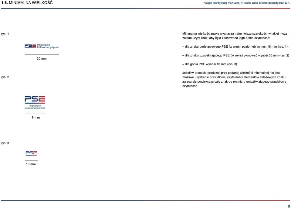 podstawowego PSE (w wersji poziomej) wynosi 18 mm (rys. 1). 30 mm dla znaku uzupełniającego PSE (w wersji pionowej) wynosi 30 mm (rys.