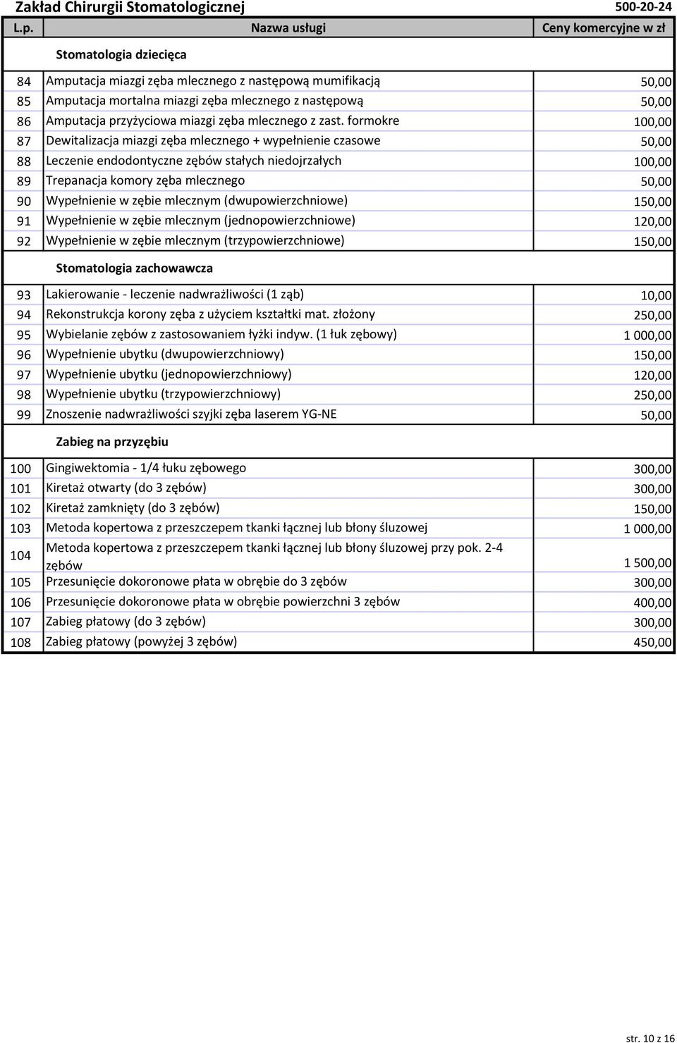 formokre 100,00 87 Dewitalizacja miazgi zęba mlecznego + wypełnienie czasowe 50,00 88 Leczenie endodontyczne zębów stałych niedojrzałych 100,00 89 Trepanacja komory zęba mlecznego 50,00 90