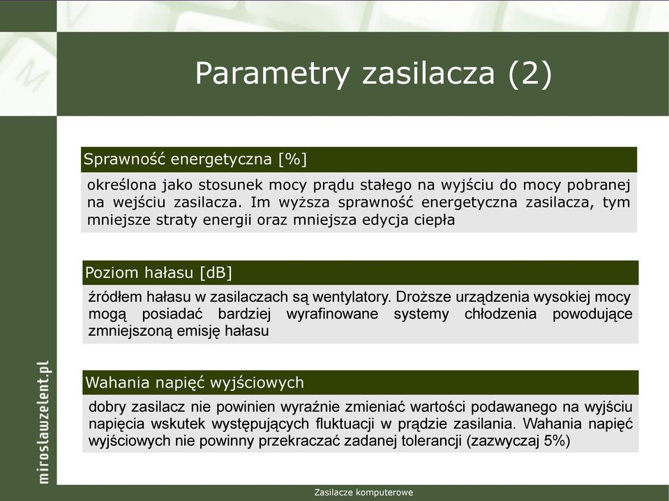 Droższe urządzenia wysokiej mocy mogą posiadać bardziej wyrafinowane systemy chłodzenia powodujące zmniejszoną emisję hałasu Wahania napięć wyjściowych dobry zasilacz nie