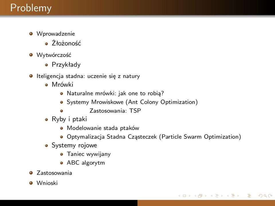 Systemy Mrowiskowe (Ant Colony Optimization) Zastosowania: TSP Ryby i ptaki Modelowanie