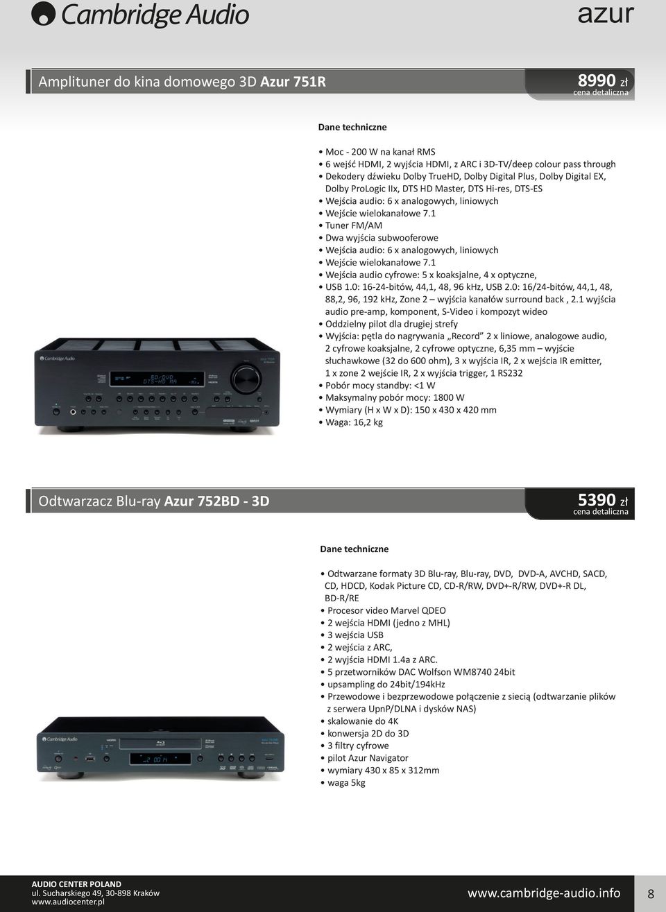 1 Tuner FM/AM Dwa wyjścia subwooferowe Wejścia audio: 6 x analogowych, liniowych Wejście wielokanałowe 7.1 Wejścia audio cyfrowe: 5 x koaksjalne, 4 x optyczne, USB 1.