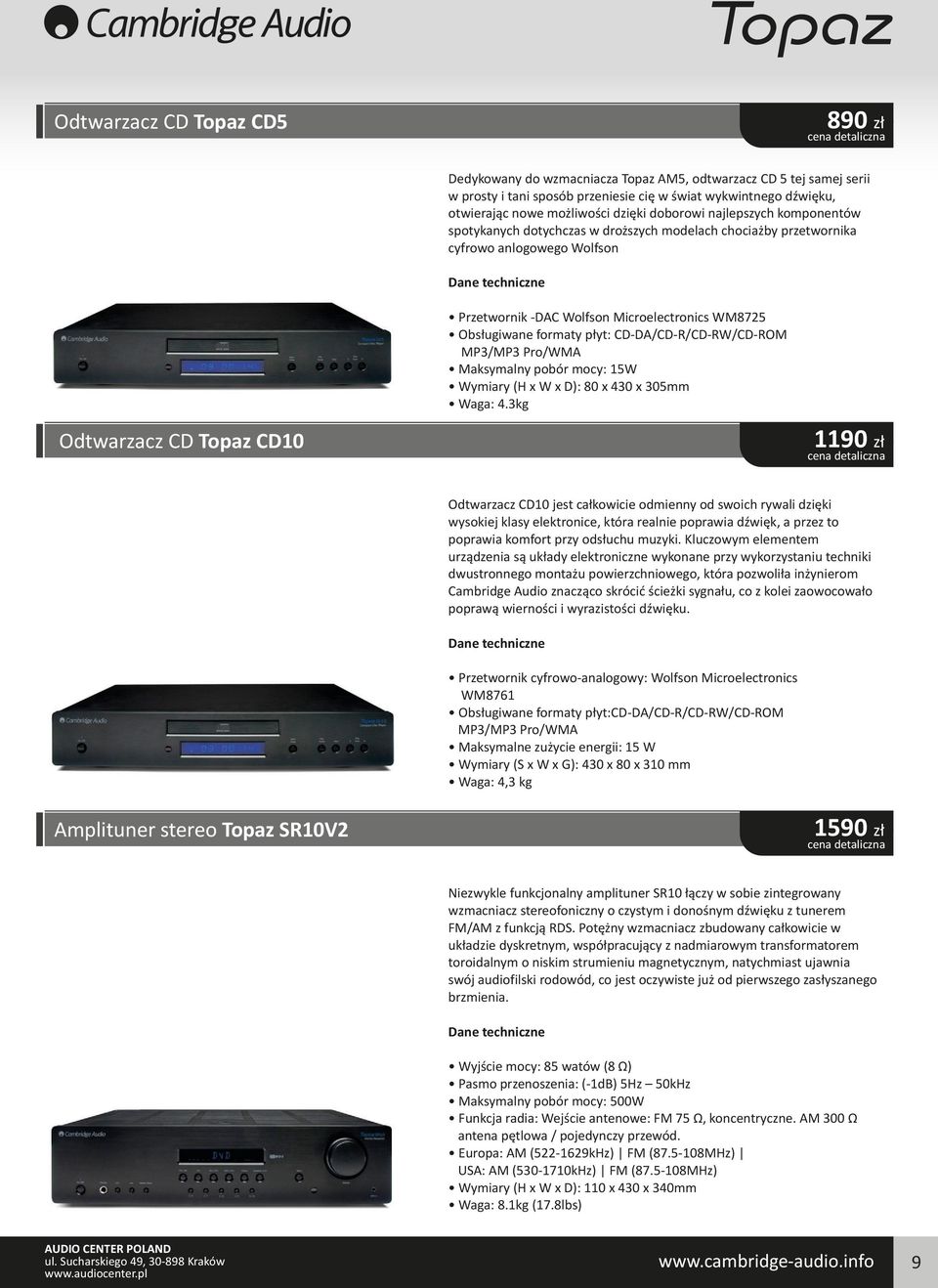 formaty płyt: CD-DA/CD-R/CD-RW/CD-ROM MP3/MP3 Pro/WMA Maksymalny pobór mocy: 15W Wymiary (H x W x D): 80 x 430 x 305mm Waga: 4.