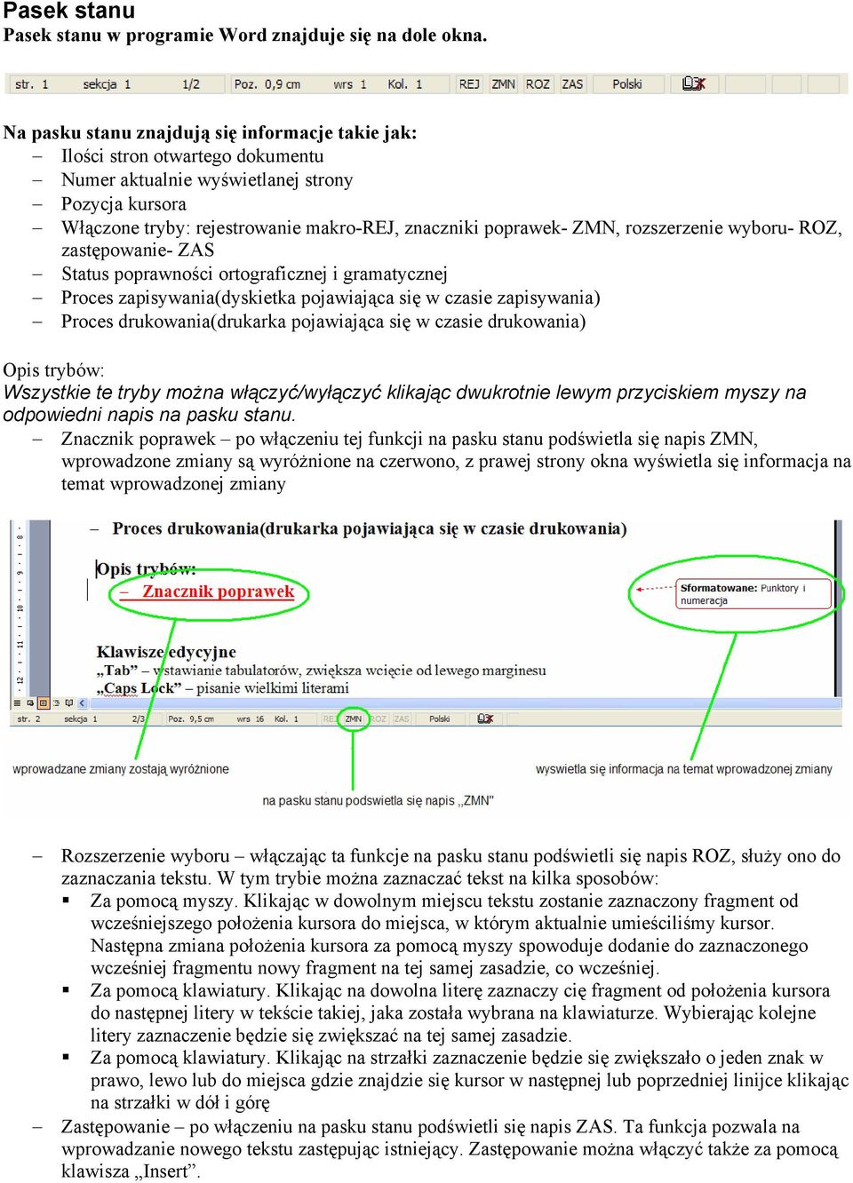 ZMN, rozszerzenie wyboru- ROZ, zastępowanie- ZAS Status poprawności ortograficznej i gramatycznej Proces zapisywania(dyskietka pojawiająca się w czasie zapisywania) Proces drukowania(drukarka