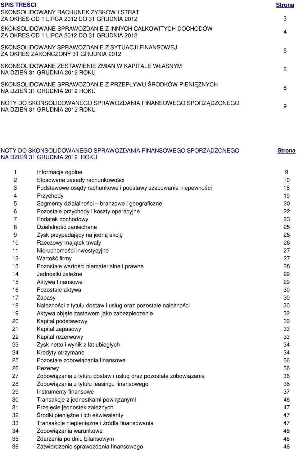 SPRAWOZDANIE Z PRZEPŁYWU ŚRODKÓW PIENIĘŻNYCH NA DZIEŃ 31 GRUDNIA 2012 ROKU NOTY DO SKONSOLIDOWANEGO SPRAWOZDANIA FINANSOWEGO SPORZĄDZONEGO NA DZIEŃ 31 GRUDNIA 2012 ROKU 5 6 8 9 NOTY DO