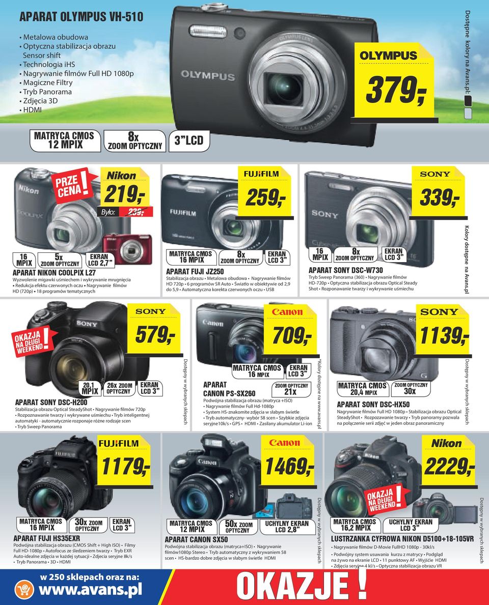 prze 219,- 239,- 259-, 339-, 16 5x ekran Mpix zoom optyczny LCD 2,7 parat NIKON Coolpix L27 Wyzwolenie migawki uśmiechem i wykrywanie mrugnięcia Redukcja efektu czerwonych oczu Nagrywanie filmów HD