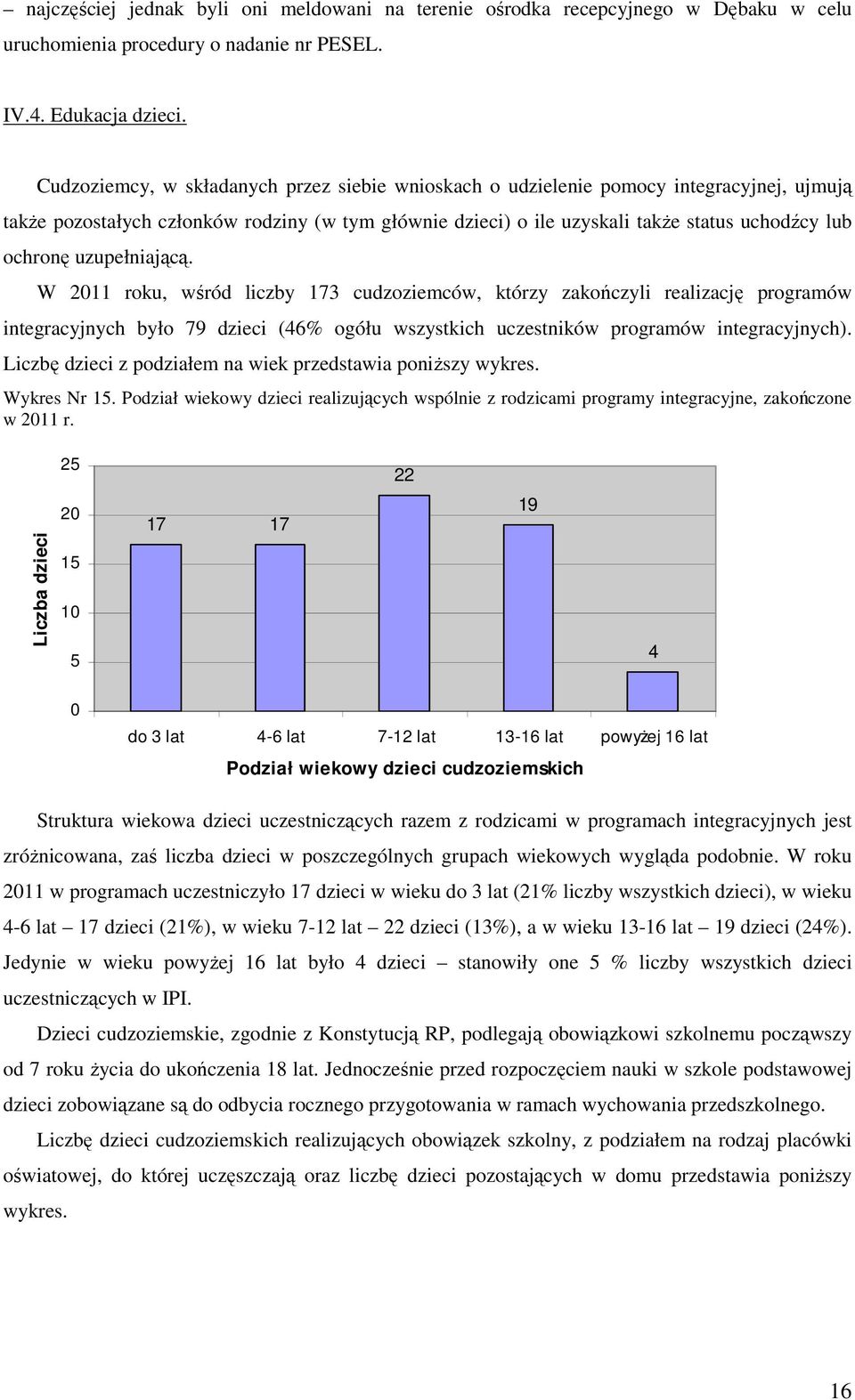 uzupełniającą. W roku, wśród liczby 73 cudzoziemców, którzy zakończyli realizację programów integracyjnych było 79 dzieci (46% ogółu wszystkich uczestników programów integracyjnych).