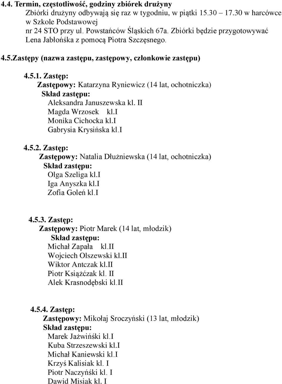 Zastęp: Zastępowy: Katarzyna Ryniewicz (14 lat, ochotniczka) Aleksandra Januszewska kl. II Magda Wrzosek kl.i Monika Cichocka kl.i Gabrysia Krysińska kl.i 4.5.2.