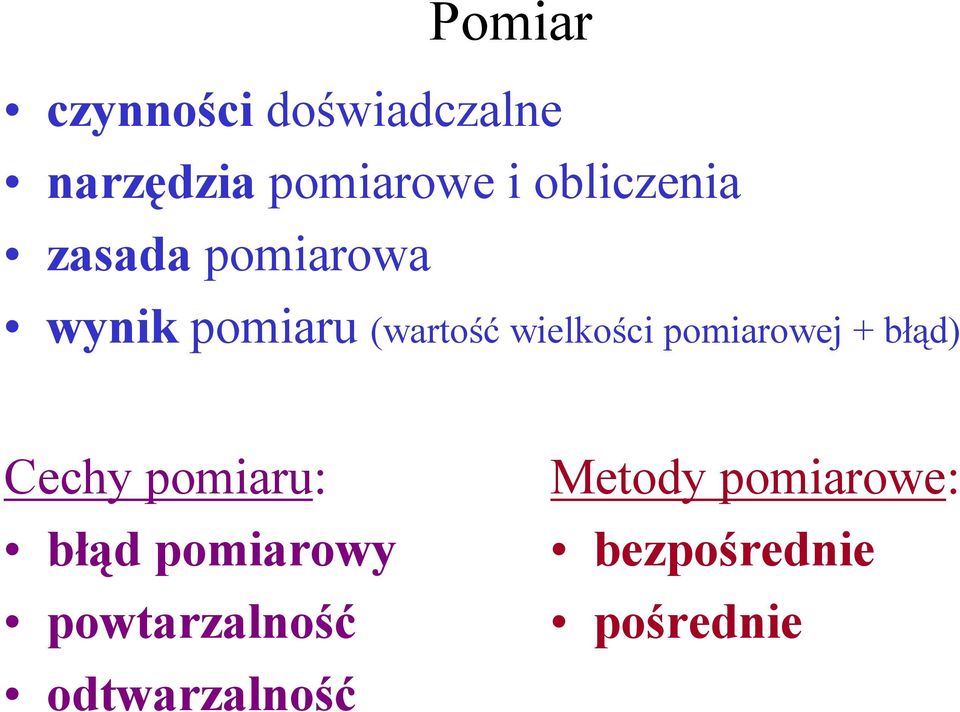 wielkości pomiarowej + błąd) Cechy pomiaru: błąd