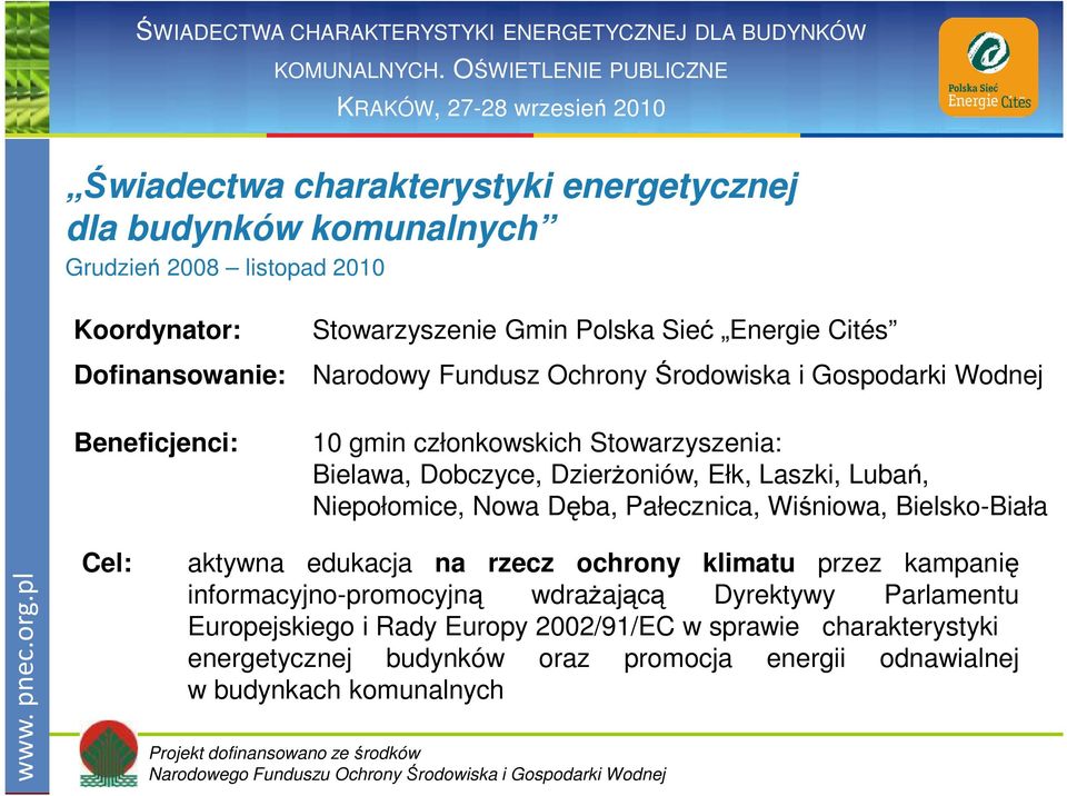 Laszki, Lubań, Niepołomice, Nowa Dęba, Pałecznica, Wiśniowa, Bielsko-Biała Cel: aktywna edukacja na rzecz ochrony klimatu przez kampanię informacyjno-promocyjną