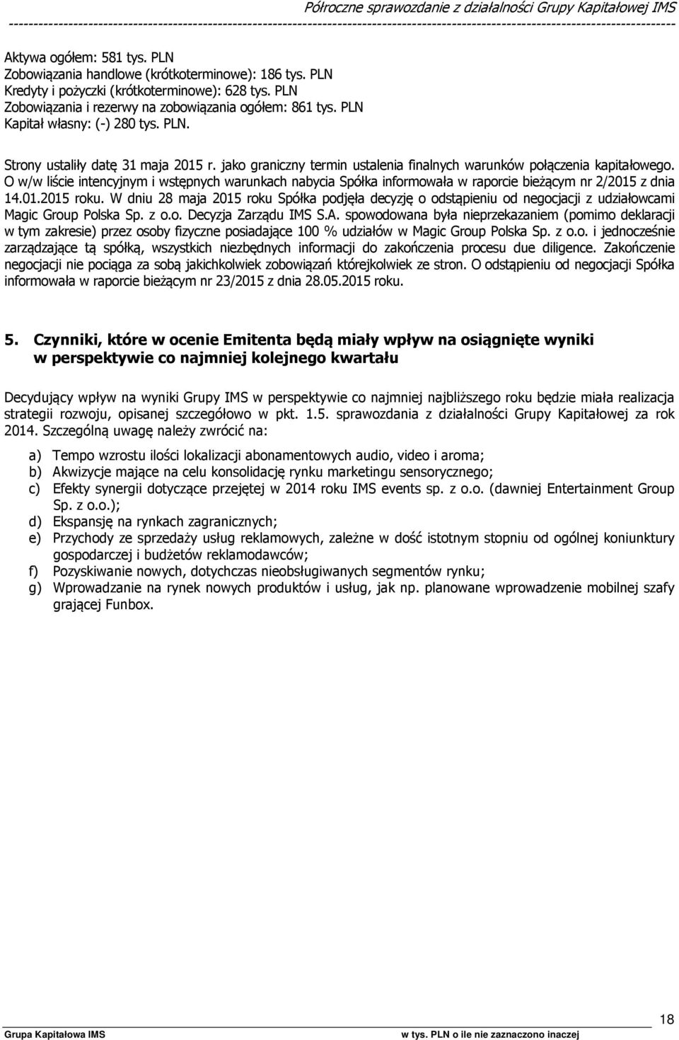 PLN Kapitał własny: (-) 280 tys. PLN. Strony ustaliły datę 31 maja 2015 r. jako graniczny termin ustalenia finalnych warunków połączenia kapitałowego.