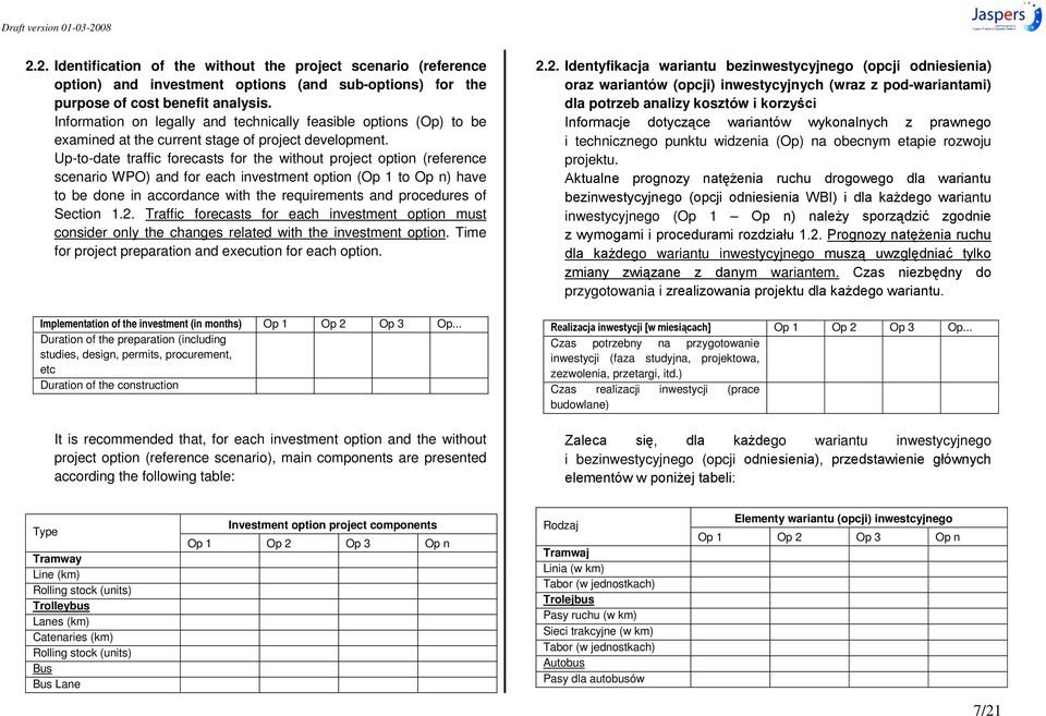 Up-to-date traffic forecasts for the without project option (reference scenario WPO) and for each investment option (Op 1 to Op n) have to be done in accordance with the requirements and procedures