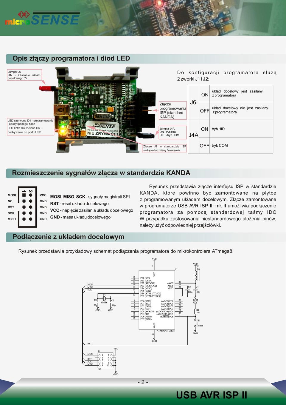 docelowy nie jest zasilany z programatora tryb HID Z³¹cze J2 w standardzie ISP s³u ¹ce do zmiany firmware'u OFF tryb COM Rozmieszczenie sygna³ów z³¹cza w standardzie KANDA MOSI NC RST SCK MISO 2 1