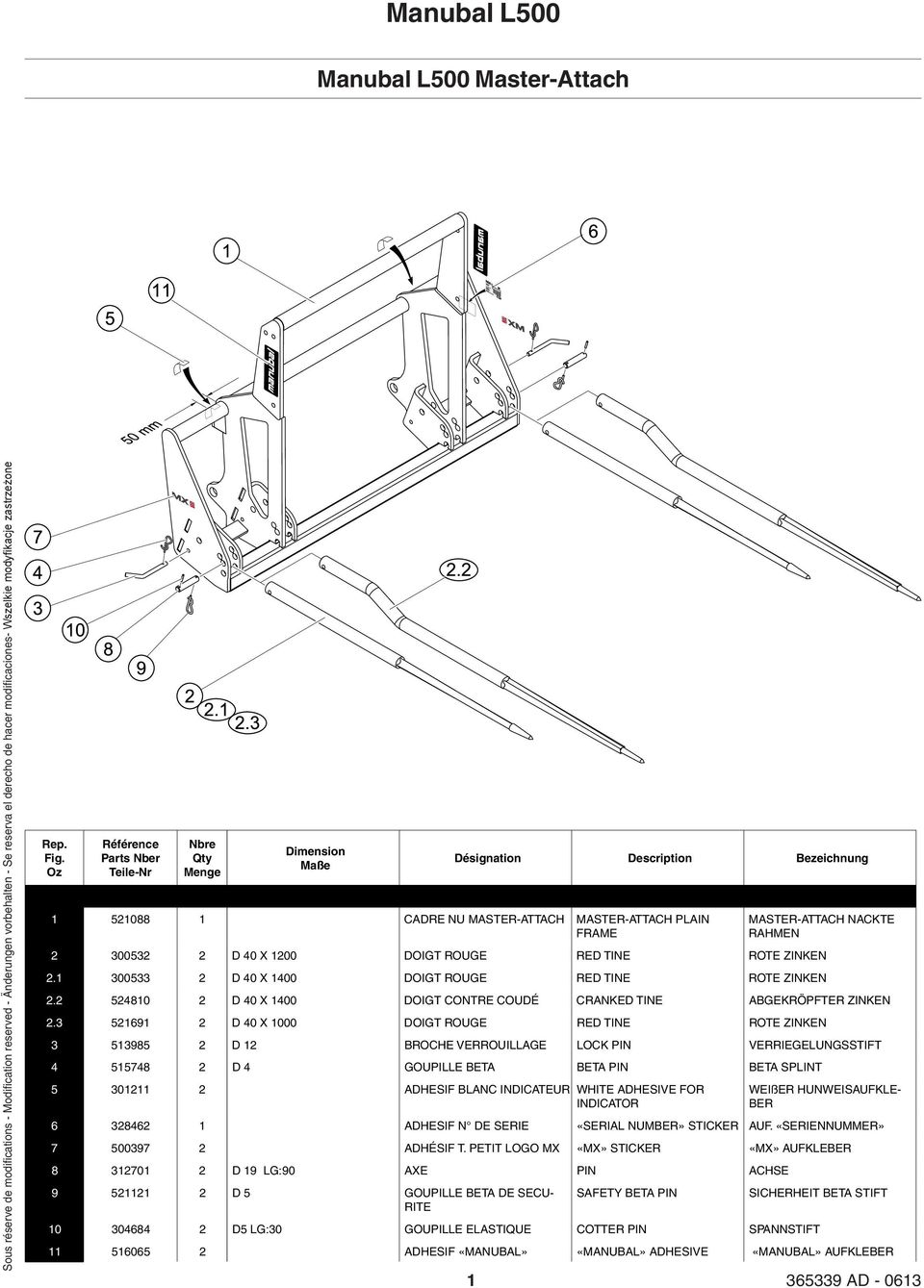 1 300533 2 D 40 X 1400 DOIGT ROUGE RED TINE ROTE ZINKEN 2.2 524810 2 D 40 X 1400 DOIGT CONTRE COUDÉ CRANKED TINE ABGEKRÖPFTER ZINKEN 2.