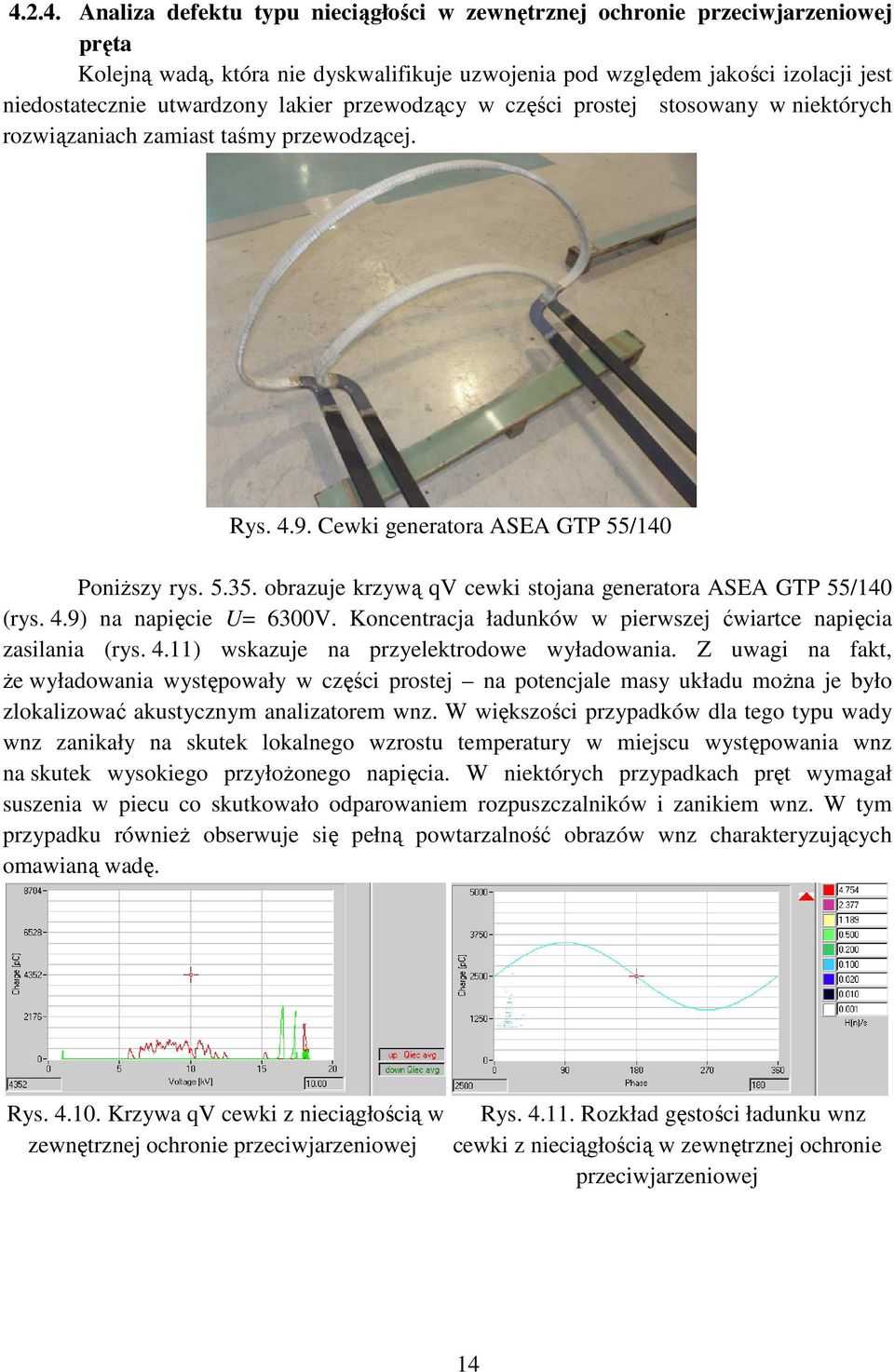 obrazuje krzywą qv cewki stojana generatora ASEA GTP 55/140 (rys. 4.9) na napięcie U= 6300V. Koncentracja ładunków w pierwszej ćwiartce napięcia zasilania (rys. 4.11) wskazuje na przyelektrodowe wyładowania.