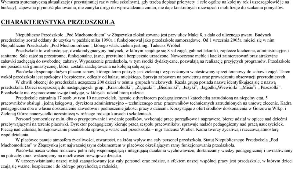 CHARAKTERYSTYKA PRZEDSZKOLA Niepubliczne Przedszkole Pod Muchomorkiem w Zbąszynku zlokalizowane jest przy ulicy Małej 8, z dala od ulicznego gwaru.