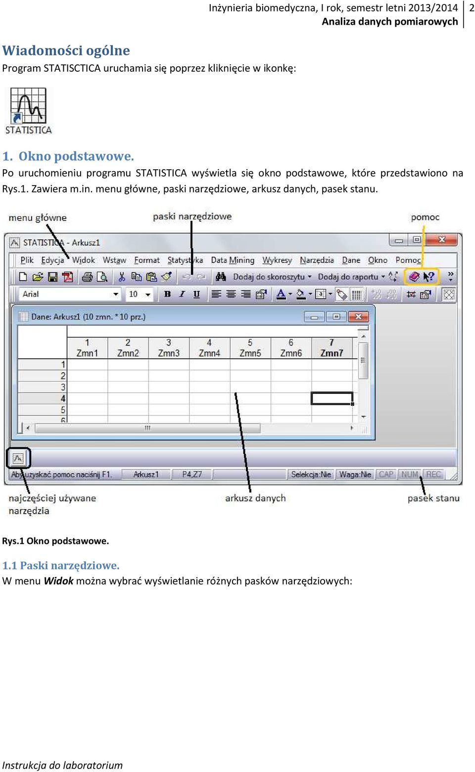 Po uruchomieniu programu STATISTICA wyświetla się okno podstawowe, które przedstawiono na Rys.1.