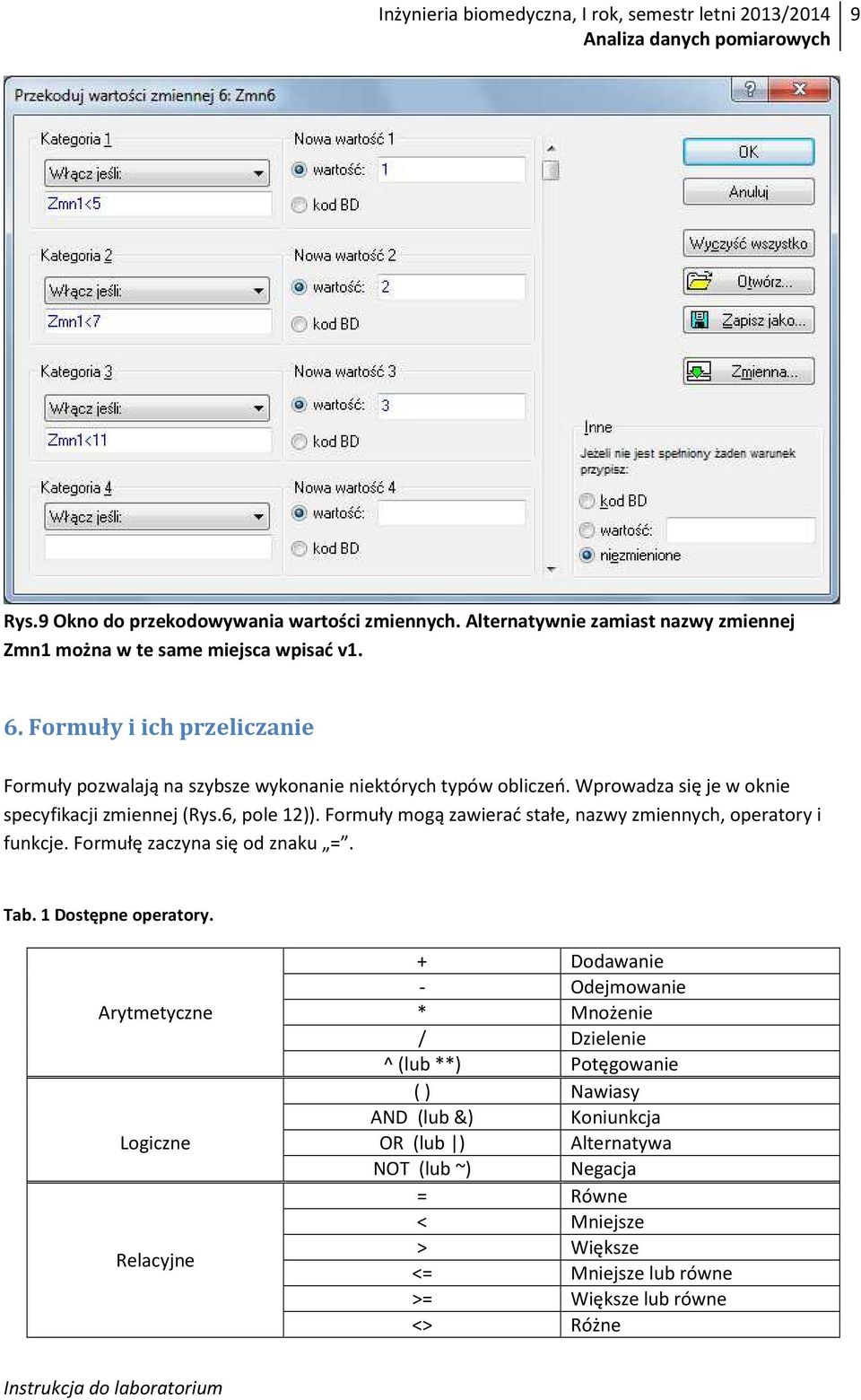 Formuły mogą zawierać stałe, nazwy zmiennych, operatory i funkcje. Formułę zaczyna się od znaku =. Tab. 1 Dostępne operatory.