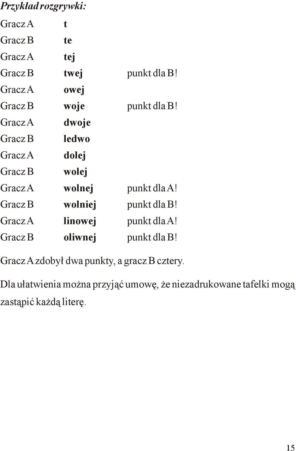 Gracz A dwoje Gracz B ledwo Gracz A dolej Gracz B wolej Gracz A wolnej punkt dla A!