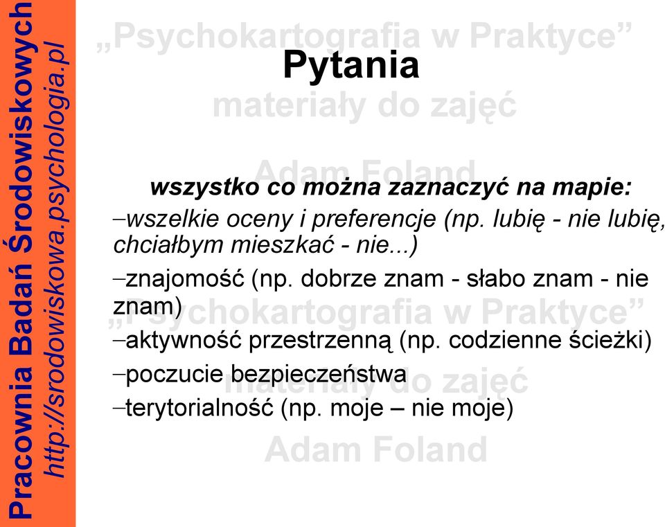 dobrze znam - słabo znam - nie znam) aktywność przestrzenną (np.