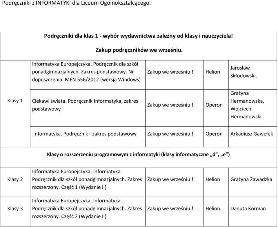 Podręcznik Informatyka, zakres Zakup we wrześniu! Grażyna Hermanowska, Wojciech Hermanowski Informatyka. Podręcznik - zakres Zakup we wrześniu!