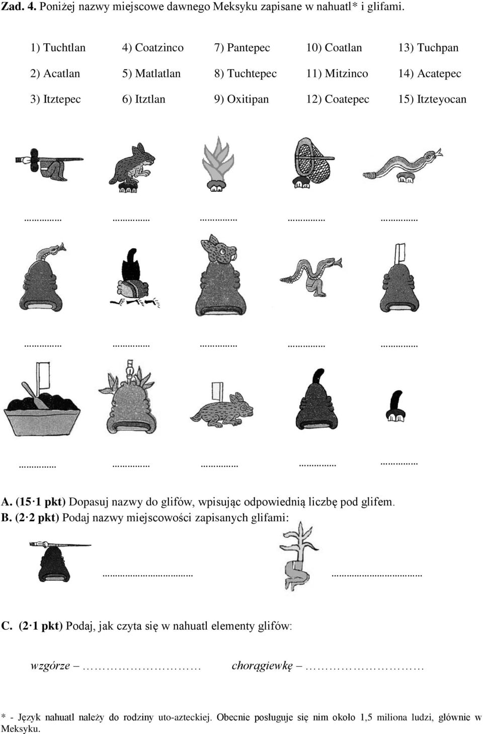 Oxitipan 12) Coatepec 15) Itzteyocan A. (15 1 pkt) Dopasuj nazwy do glifów, wpisując odpowiednią liczbę pod glifem. B.