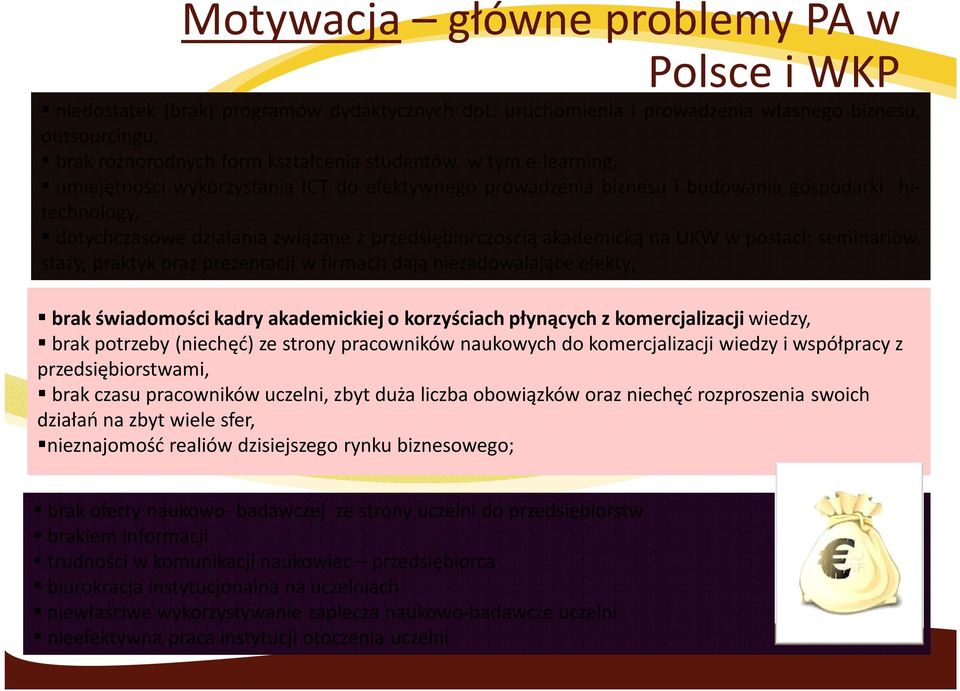 gospodarki hitechnology, dotychczasowe działania związane z przedsiębiorczością akademicką na UKW w postaci: seminariów, staży, praktyk oraz prezentacji w firmach dają niezadowalające efekty; brak