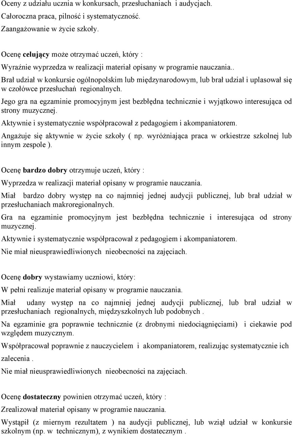 . Brał udział w konkursie ogólnopolskim lub międzynarodowym, lub brał udział i uplasował się w czołówce przesłuchań regionalnych.