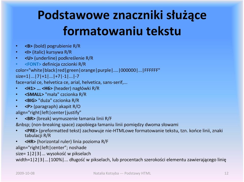 .. <H6>(header) nagłówki R/R <SMALL>"mała" czcionka R/R <BIG>"duża" czcionka R/R <P>(paragraph) akapit R/O align="right left center justify" <BR>(break) wymuszenie łamania linii R/F (non-breaking