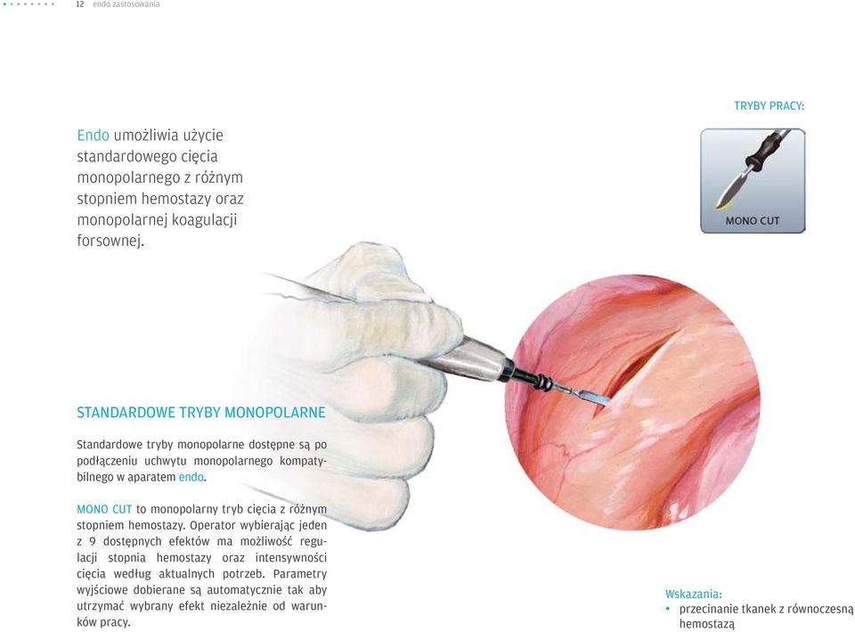 MONO CUT to monopolarny tryb cięcia z różnym stopniem hemostazy.